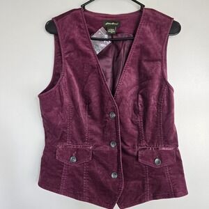 EDDIE BAUER Burgundy Velvet‎ Suede Sleeveless Button Up Vest Women Sz 10.D28